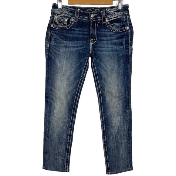 Miss Me Denim - Miss Me Cow hide Crystal Studded Blue Denim JW5915S Boot Cut Stretch Jeans 29
